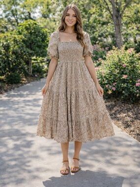 Neuflora Ashland In Cottage Floral Large Smocked Tiered Dress Midi Cottagcore